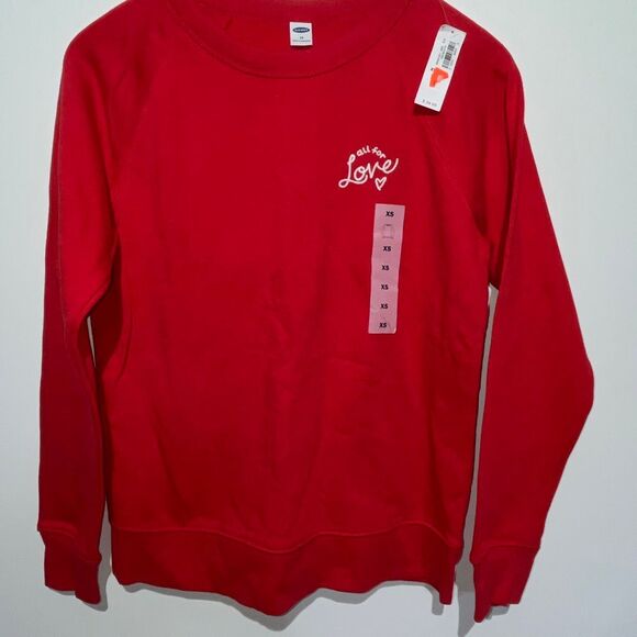 Old Navy Women's Red ‘All For Love’ Crewneck Pullover Sweatshirt Size XS NWT - Picture 1 of 10
